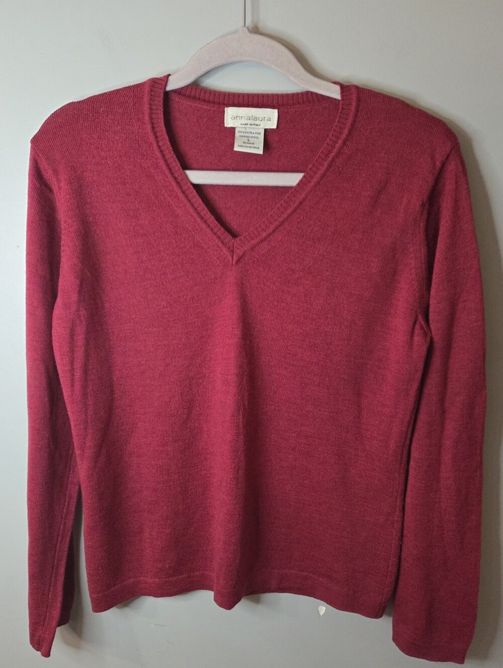 ANNALAURA Italy 100% Extra Fine Merino Wool Knit Large Burgundy Sweater V-Neck